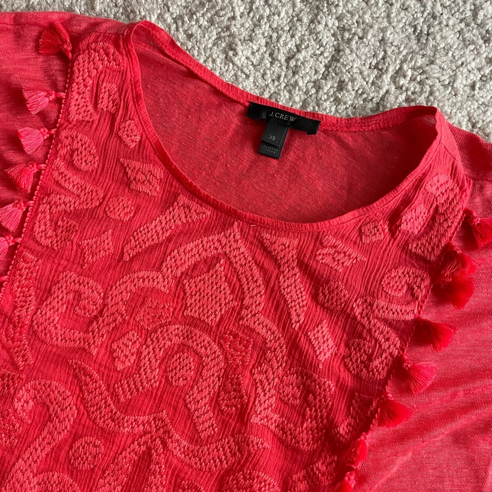 J. Crew Linen Coral Tassels Embroidered Boho Short Sleeve Top Size Oversized XS - Picture 4 of 10